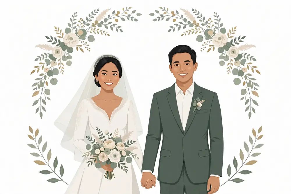 Ilustrasi pengantin wanita dan pengantin pria bergandengan tangan dengan lengkungan bunga sage