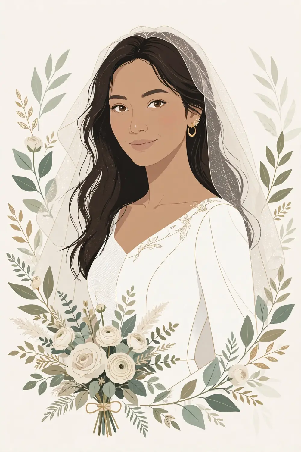 Ilustrasi pengantin wanita Putri dengan gaun putih, veil, dan buket bunga krem sage