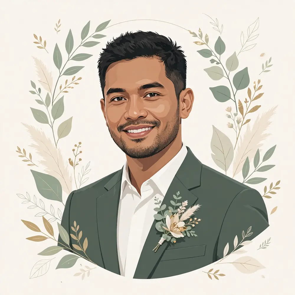 Ilustrasi pengantin pria Abri dengan jas sage modern dan bunga boutonniere